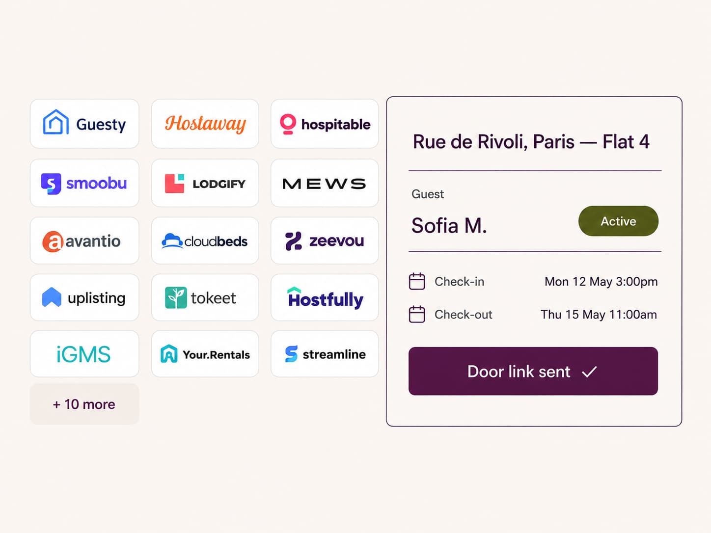 PMS integrations grid alongside an active booking dashboard for Rue de Rivoli, Paris