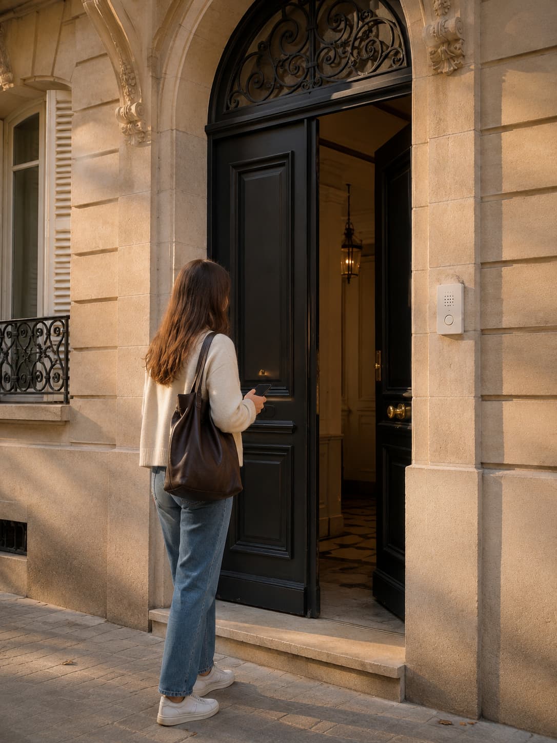 Guest entering a Parisian apartment building at golden hour